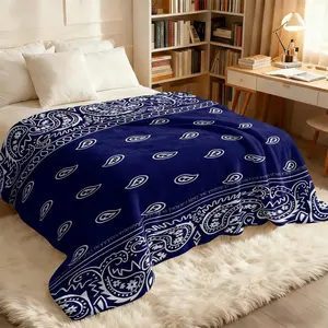 Navy Blue Paisley Camo Flannel Blanket, White Paisley Square Scarf Style Fesign, Soft Thick Lightweight Car Camping Travel Throw Cover, Street Style Office Nap Throw Blanket, Sofa Bed Throw Decor