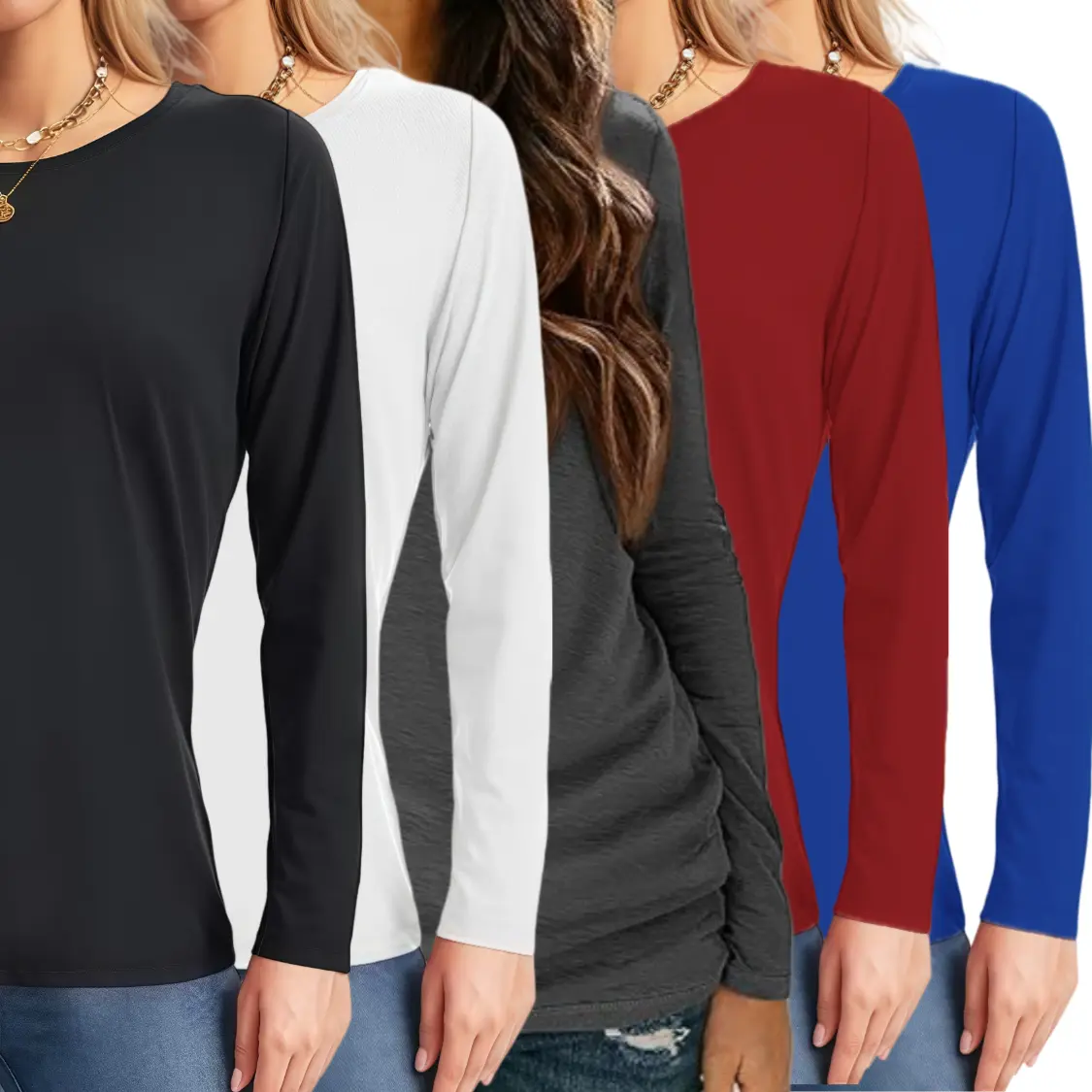 Women's 5-Pack Basic Minimalist Round Neck Casual Loose Long-Sleeve Crop T-Shirts, Fitted Lady Shirts for Women, Ideal for Daily & Holiday Wear (All Seasons), Tshirt, Long Sleeve Shirt