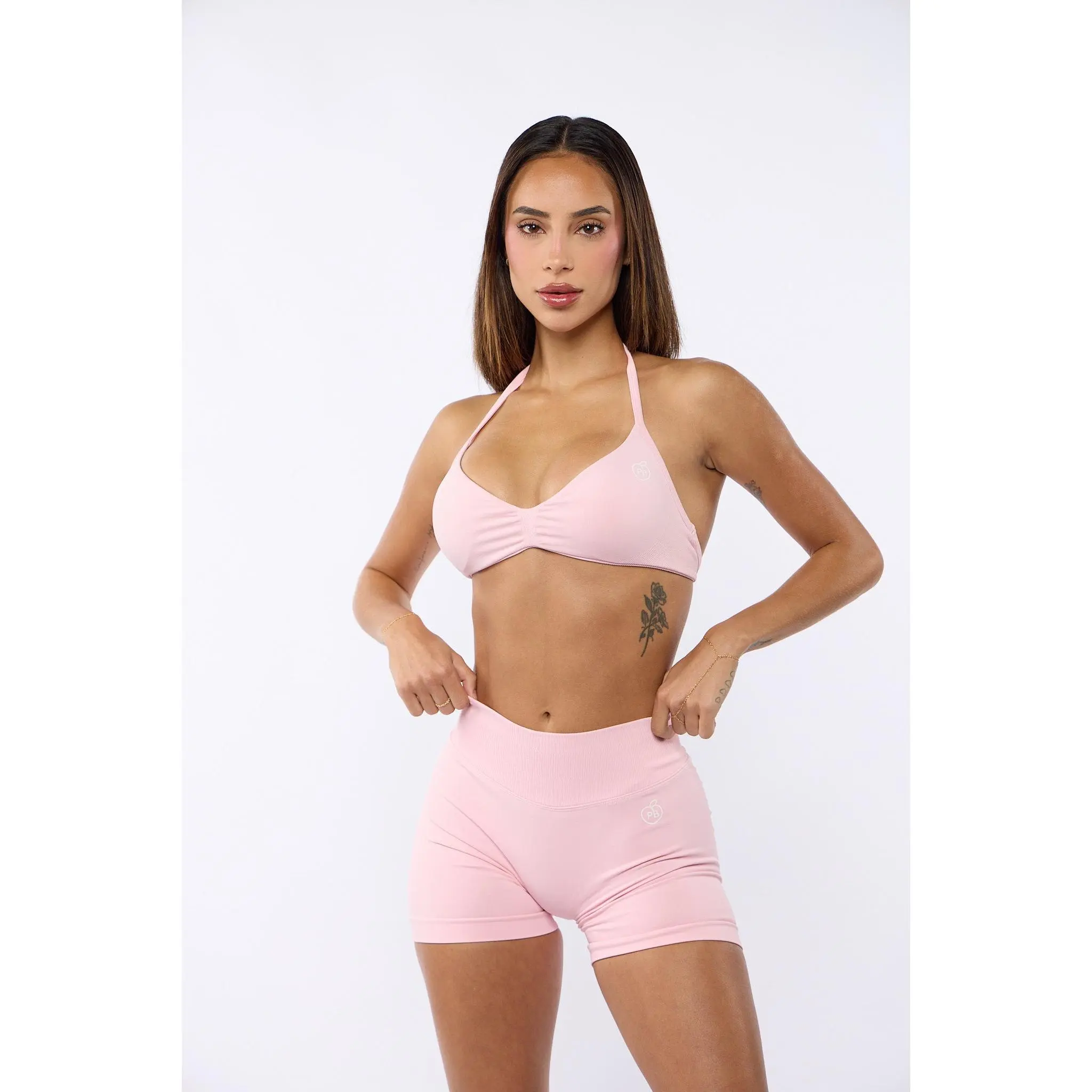 Women's Light Pink 2-Piece Bombshell Sports Set, Backless Tops with Scrunched Front, Stretch Fabric Shaping Shorts with Removable Pads, True Size Fit