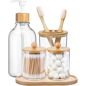5 Pack  Bathroom Accessories Set with Tray - Plastic Soap Dispenser Clear  Holder and 2 Qtip Holder  Ball Container Jar