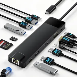 13 in 1 USB C Docking Station for Triple Monitors, Dual 4K HDMI, 1000M RJ45, VGA, 4 USB 3.0/2.0, SD/TF, 3.5MM Audio, USB C 3.0, 100W PD, Compatible with Type C Laptops