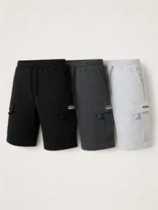 3 Mens Casual Sweat Cargo Cotton Shorts Drawstring Elastic Waist Athletic Workout Gym Jogger Shorts with 5 Pockets
