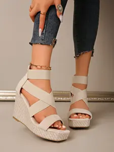 Women's Summer Fashion Wedge Heel Sandals, Classy elevated sandals, Elastic High-Heeled Thick Sole Anti-Slip Open-Toe Shoes, Casual Outdoor Wear