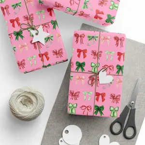 Girly Pink Ribbon Wrapping Paper Christmas, Classic Festive Bow Gift Wrap, Cheerful Holiday Gift Wrap Maximalist Gift Wrap