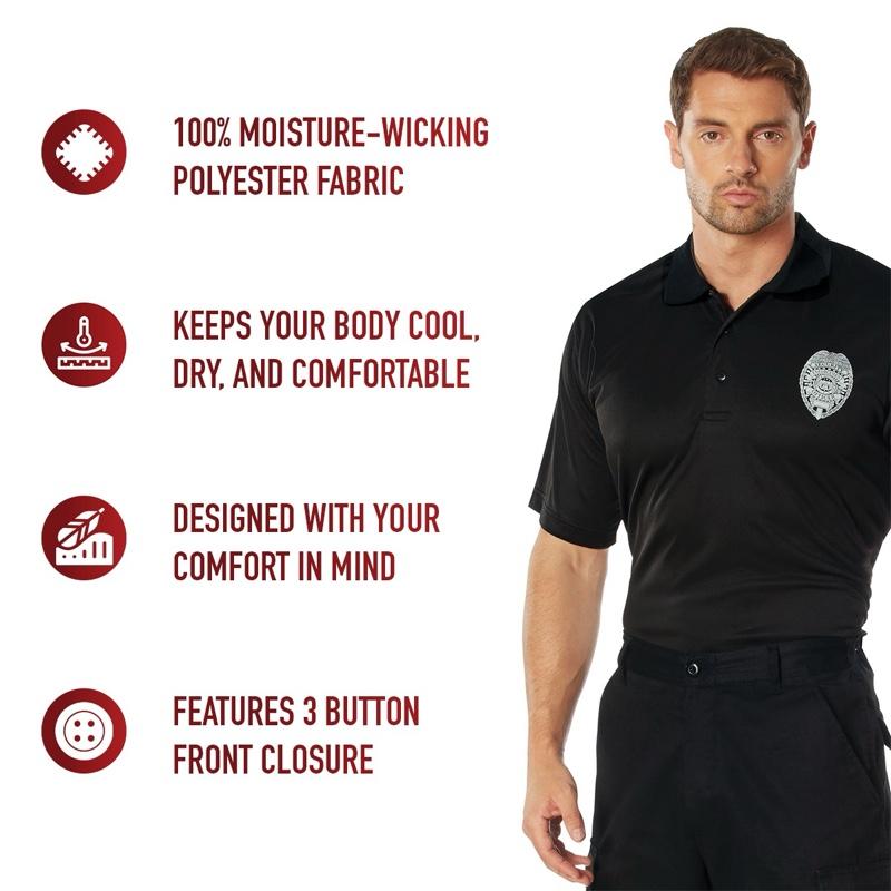 Rothco Moisture Wicking Security Guard Polo with Printed Badge - Menswear Shortsleeve Black Polyester Uniform Shirt for Security Personnel, Security Guards Bouncers Event Staff Public Safety Man Top 3-Button Collar Rothco Moisture Wicking Security Guard Polo with Printed Badge - Menswear Shortsleeve Black Polyester Uniform Shirt for Security Personnel, Security Guards Bouncers Event Staff Public Safety Man Top 3-Button Collar