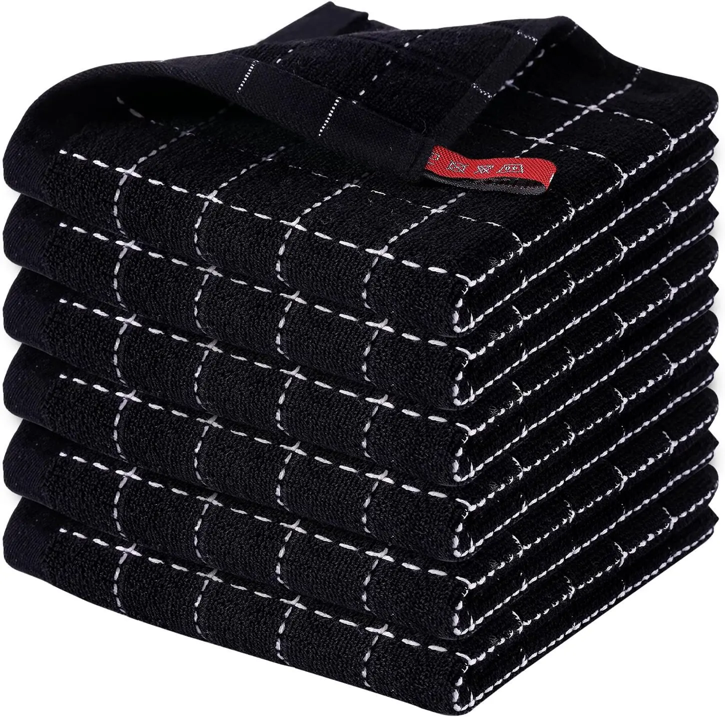 100% Cotton Terry Kitchen Towels(Black, 12 x 12 inches), Checkered Designed, Soft and Super Absorbent Dish Towels, 6 Pack Reusable Microfiber Magic Cleaning strong water absorption countsmultipurpose