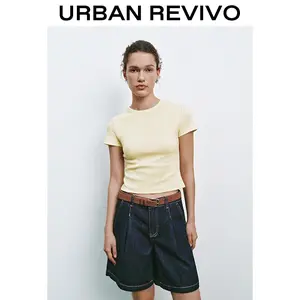 URBAN REVIVO Women's Essential Minimalist Round Neck Cropped Short-Sleeve T-Shirt - Twist Design, Comfortable, Casual Spring-Summer Fit, Jeans-Pairing Top, Style UYU450141, Tshirt