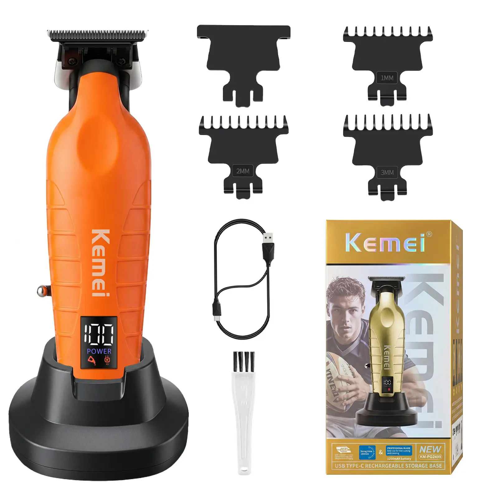 KEMEI PG2499 Professional Men's Hair Clipper & T-Blade Beard Trimmer - Barber Equipment, Battery-Powered Wireless Hair Trimmers & Clippers with Charging Dock, Cordless Rechargeable