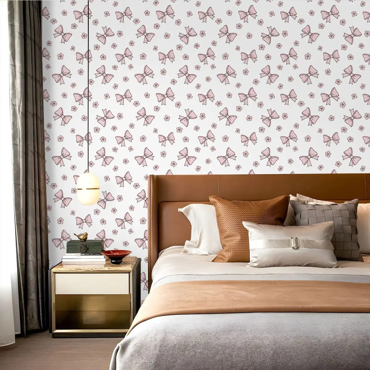 Soft Bow & Floral Wallpaper Roll, Removable Peel and Stick Wall Decor, Coquette Aesthetic, No Residue, Bedroom Wall Decor