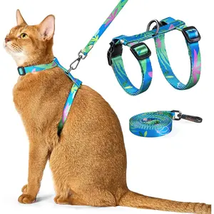 Escape Proof Adjustable Cat Harness and Leash Set Comfortable Soft Lightweight Safe Easy Walking Travel Harness for Small Medium Large Cats Hawaii Green
