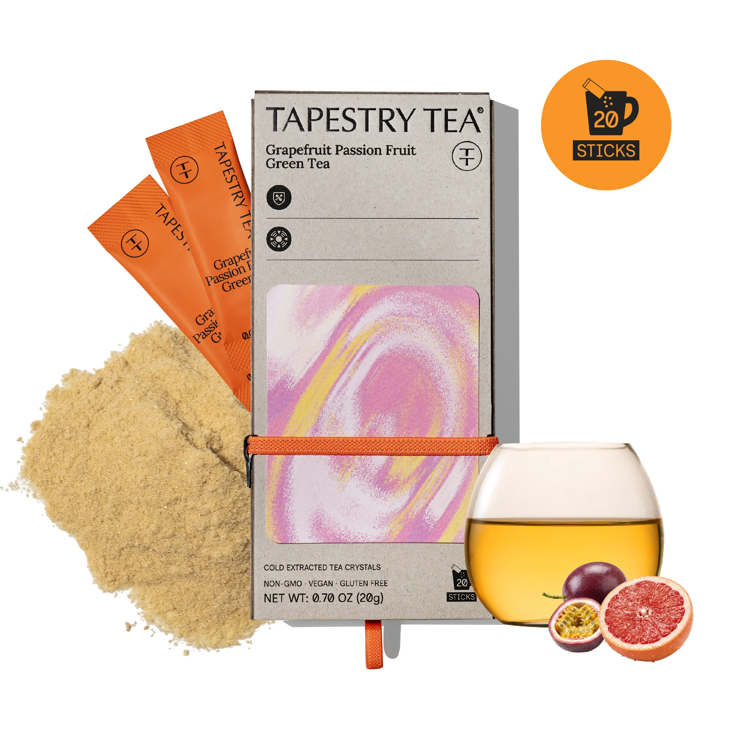Tapestry Tea Premium Grapefruit Passion Fruit Green Tea Crystals | 3 Seconds to Refreshing Vitality | Hot or Cold Brew | 100% Whole Leaf Cold-Extracted Instant Tea Powder | 20 Sticks