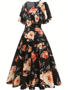 Elegant Women's Dress with Long Skirt - Floral All Over Print Short Sleeve V Neck Summer Casual Wear wendy ortiz pool party outfit