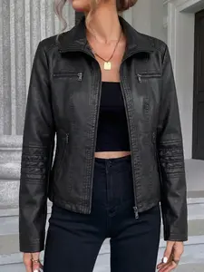Women's PU Fitted Zipper Jacket, Casual Outerwear, Elegant Stand Collar Design, Multifunctional Fashion, Lightweight Outdoor Clothing