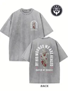 Retro Vintage Creative Pattern "We Are Healed Christian" Washed T-shirt Double-sided Printed T-shirt Heavy 230g Pure Cotton Falling Shoulder T-shirt M