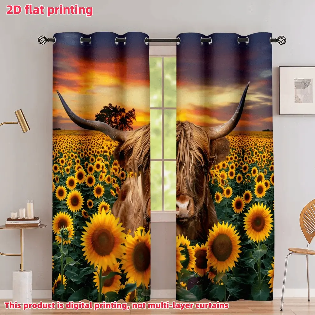 2D Flat 2Pcs Highland Cow & Sunflower Field Curtains, Farmhouse Sunset View Window Drapes with Grommet, Privacy Semi-Sheer Panel for Living Room Bedroom Decor, Rustic Animal Home, Accessory, Anti Privacy.
