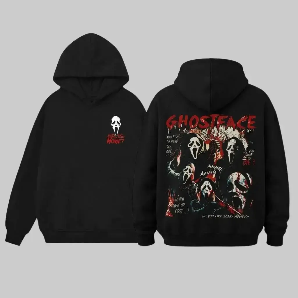 Halloween Ghostface Scream Hoodie Vintage Horror Movie Graphic Hoodie Spooky Season Outfits Casual Loose Pullover Top, Vintage Scary Movie Fan Gift Hoodie
