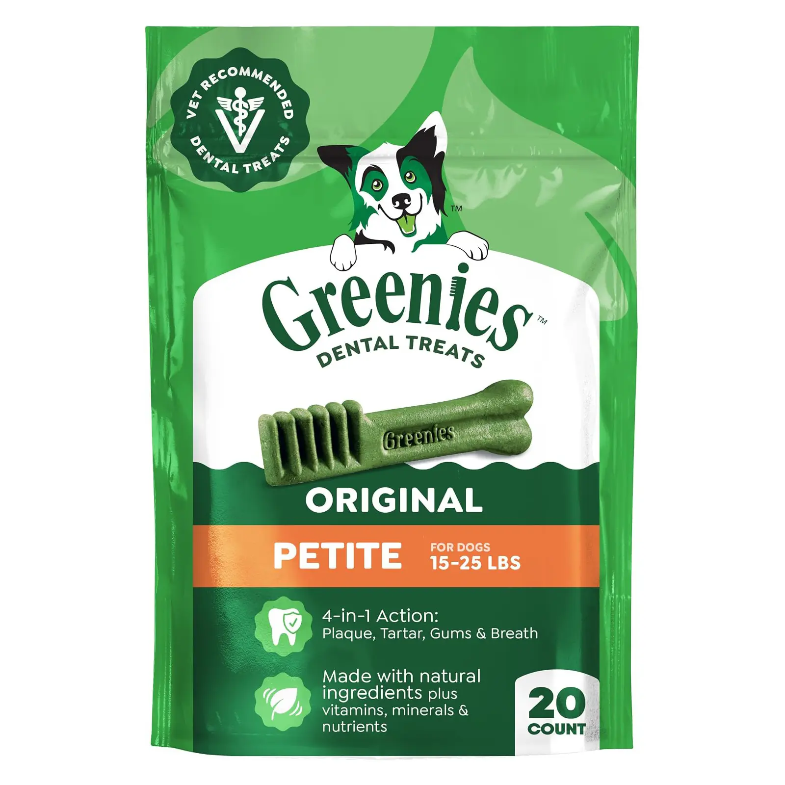 Greenies Petite Natural Dental Dog Treats, Original Flavor, 20 Count Veterinarian-recommended, supports oral health & freshens breath, clean to gumline, for dogs 15-25 lbs, chicken flavor