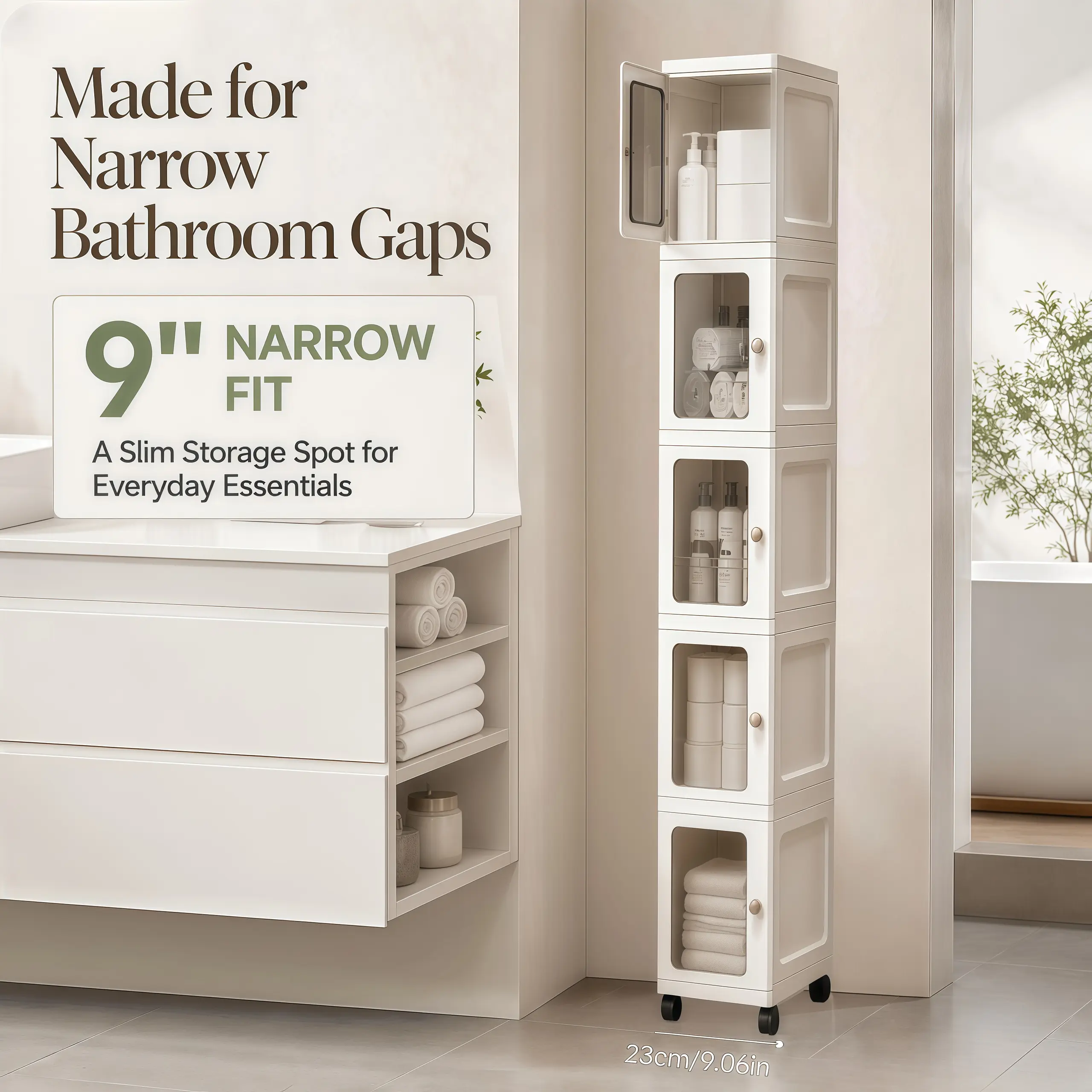 9.1in Narrow Gap Storage Cabinet, Tall Slim Rolling Organizer with Lockable 360° Swivel Casters & Transparent Dustproof Flip Doors, Freestanding Gap Filler Cart for Bathroom, Kitchen Refrigerator, Bedroom, Study Small Spaces, White Plastic with Knobs