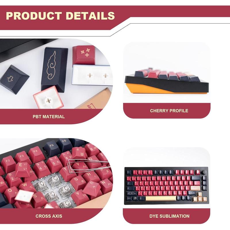 Red Samurai Keycaps 129 Cherry Profile Dye Sublimation PBT Customized Keycaps Set with Puller for Cherry Mx Switches Mechanical Keyboard 61/87/104/108