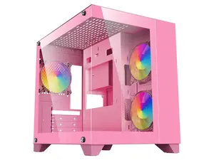 DIYPC ARGB-Q1.V2-P Pink USB3.0 Tempered Glass Micro ATX Gaming Computer Case w/ Dual Tempered Glass Panel and 3 x ARGB 120mm Fans (Pre-Installed)