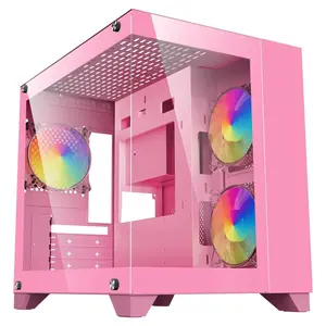 DIYPC ARGB-Q1.V2-P Pink USB3.0 Tempered Glass Micro ATX Gaming Computer Case w/ Dual Tempered Glass Panel and 3 x ARGB 120mm Fans (Pre-Installed)