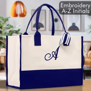 Personalized Monogram Embroidery Cotton Canvas Beach Tote Bag Initial Tote Bridesmaid Gift Tote Custom Beach Bag Gift for Her A-Z - Navy