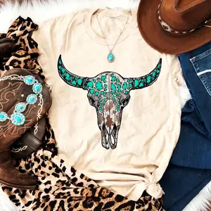 Turquoise Cow Skull Country South Western Ranching Rodeo Shirt, Cowgirl Tee, Bull Skull Sweatshirt, Western Clothing 13PQV