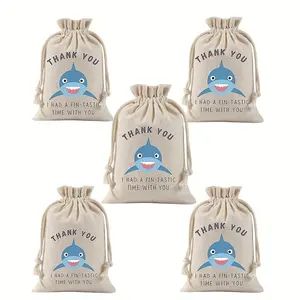 5pcs/Set Ocean Undersea Candy Gift Bags – Burlap-Cotton Mix + Rustic Shark & Wave Print Shark Themed Kids Favors First Birthday/Baby Shower Thank You Bags for Boys Girls Durable Party Gift Packs