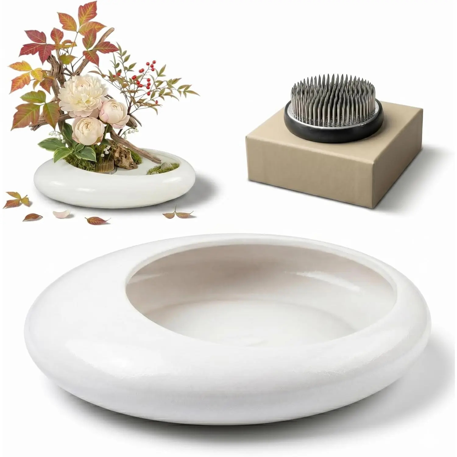 White Ikebana Bowl Kit - Japanese Flower Arrangement Vase Set with 2.4'' Floral Frog, Home Decor