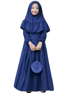 Girls Muslim Dress Set, Long Sleeve Spring & Fall, Cute Fitted Style, Plain Pattern, Includes Headscarf, Two-Piece Clothing