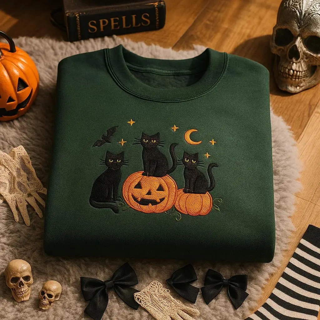 Embroidered Black Cat Pumpkin Sweatshirt, Cute Halloween Crewneck, Spooky Autumn Sweater, Ghost Bat Cat Lover Gift, Fall Cozy Shirt