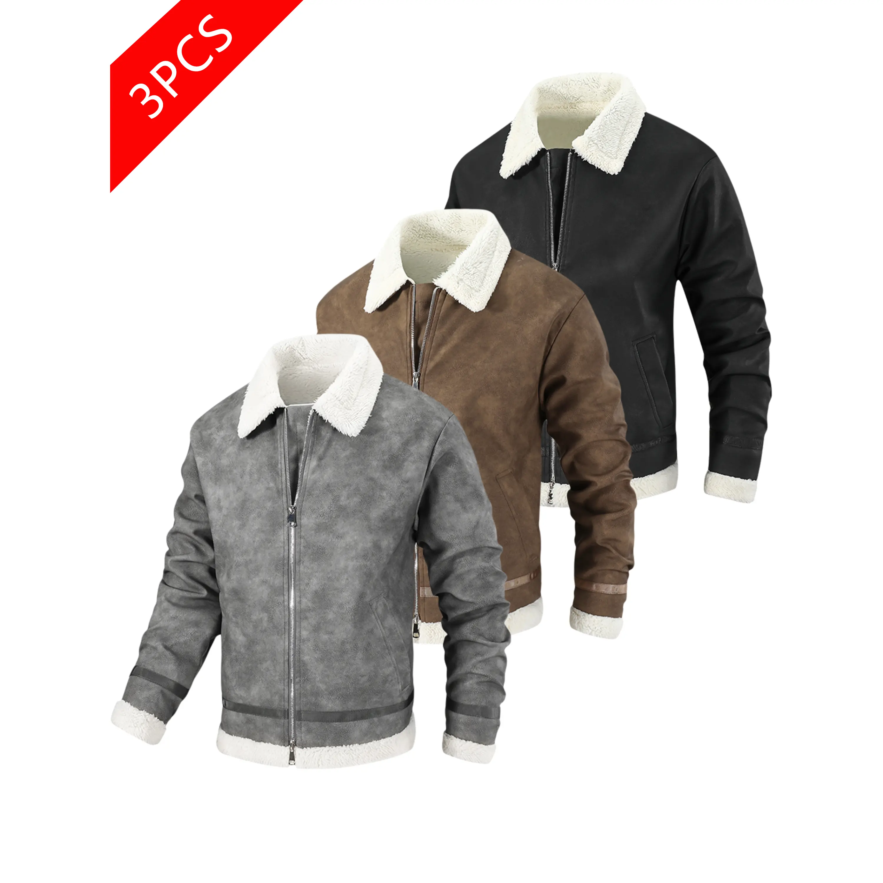 Men’s Retro Flight Leather Jacket Combo Pack for Winter — Fleece-Lined, Thickened Motorcycle Jacket with Fur Collar, Bad-Boy Style