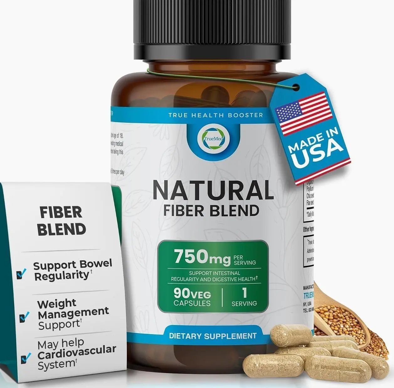 3-in-1 Fiber Supplement – 750mg Organic Blend with Psyllium Husk, Chia & Flax Seed – Plant-Based Fiber Capsules for Digestive Health & Cardiovascular Wellness – Made in USA – 90 Count