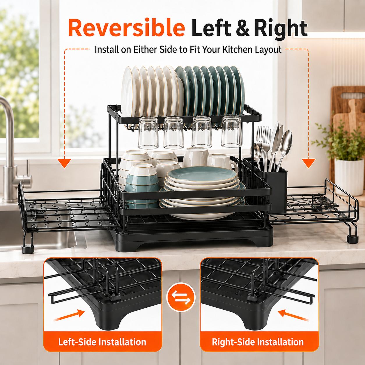 Snofrid Foldable Over Sink Dish Drying Rack|Pull-Out 2-Tier Dish Drainer with Utensil Holder|Space Saving Kitchen Snofrid Foldable Over Sink Dish Drying Rack|Pull-Out 2-Tier Dish Drainer with Utensil Holder|Space Saving Kitchen
