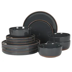 Gibson Elite Northrock Stoneware Dinnerware Set, 12-Piece Service for 4 Plates and Bowls Set – Dishes with Hand-Painted Terracotta Base