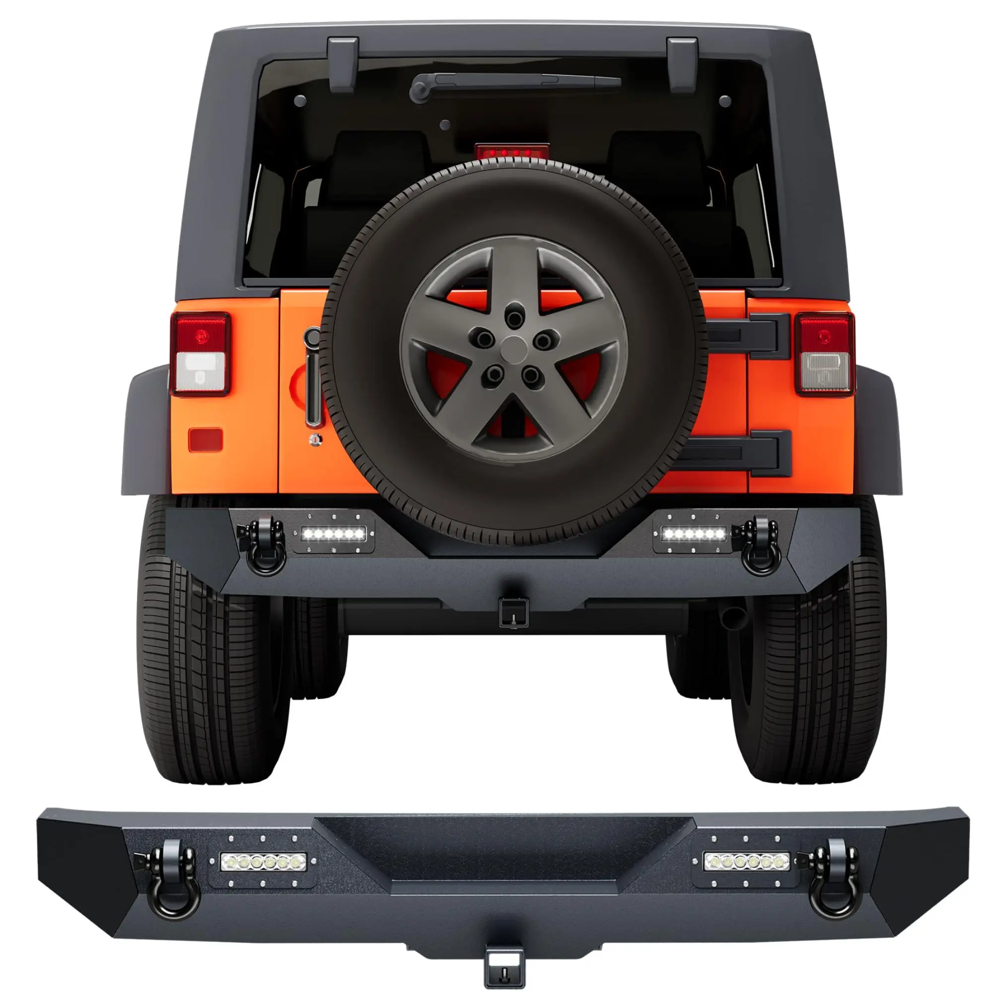 GARVEE Rear Bumper for Wrangler JK & JKU 2007-2018, Full Width Off-Road Bumper with 2 LED Lights & D-Ring Tow Points, Heavy-Duty Steel Construction, Rock Crawler Design (2/4 Doors)