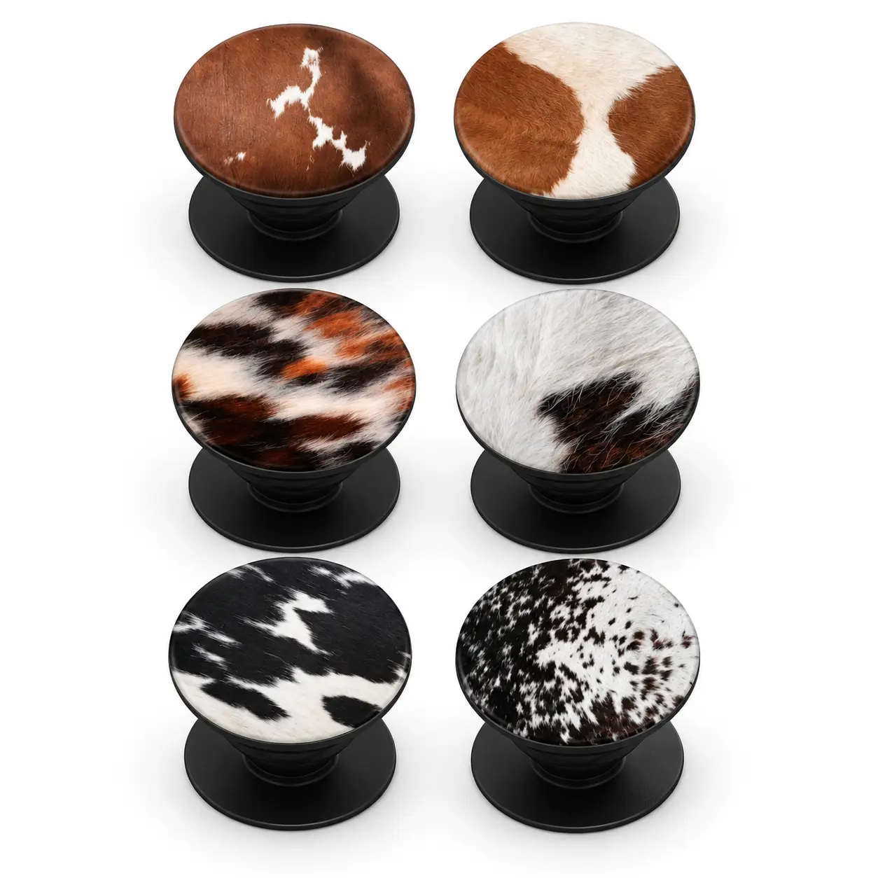 6 Style Cow Print Phone Grip, Western Cowhide Pattern Collapsible Phone Stand, Round Phone Holder, Farmhouse Country Phone Accessory for Women
