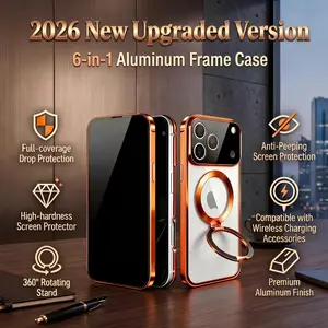 Phone Case 6-in-1 Aluminum Alloy Frame for or iPhone 15、16、17 Pro Max | Metal Texture Anti-Peep Explosio Anti-Peep Explosion-Proof Drop Proof Scratch Resistant 360° Adjustable Stand MagSafe Compatible Buckle-Type One-Click Installation for Office Café