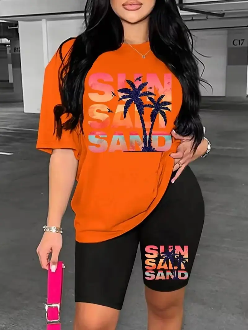 Women's Plus Size 2-Piece Pants & Top Set, Summer Casual Puerto Rican Pride Outfit Decorated with Vivid Flowers & Flags