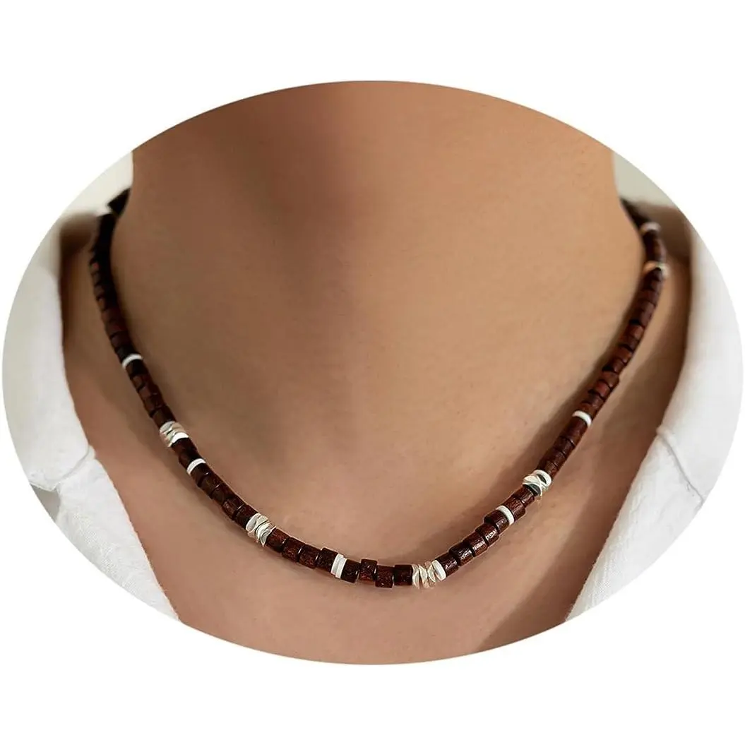 Surfer Necklace for Men Beaded Choker Necklace Puka Shell Necklace Brown Coconut Wood Beads Necklace Beach Surfer Jewelry Gift