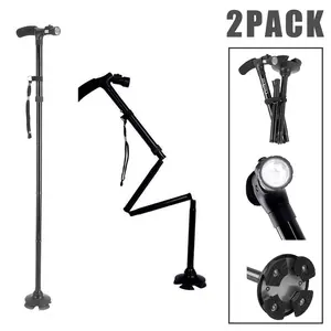2 Pack 5-Levels Adjustable Height Walking Stick Portable Foldable Cane Travel Camping Hiking Walking Cane w/LED Light