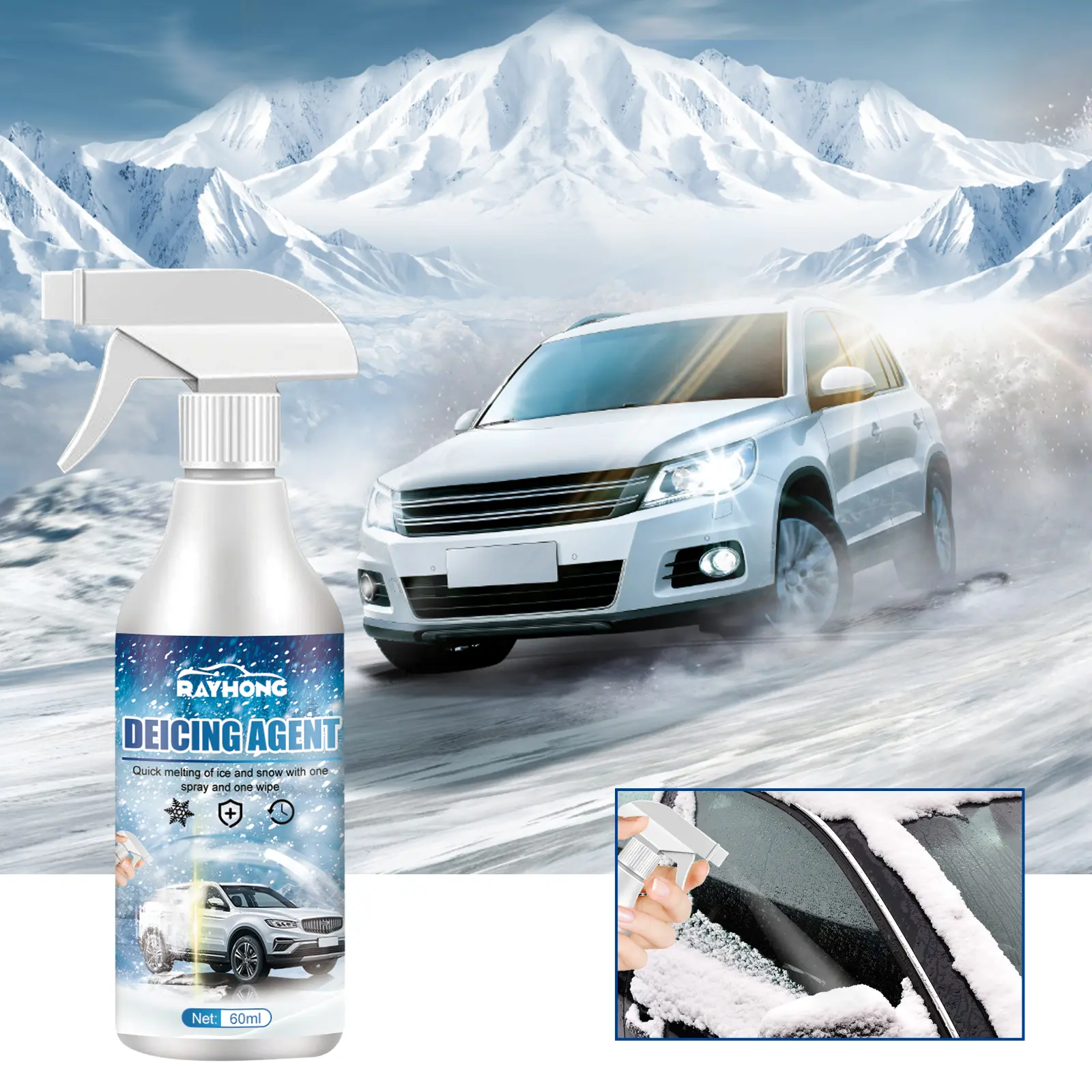 Glass-Safe Ice & Snow Melter - Winter Quick-Acting Water-Based Deicing Agent with Deionized Water & Table Salt, 60ml Trigger Spray for Car Windshields & Windows, 500ml Frost Melt Versatile Use Snow Removal Tool