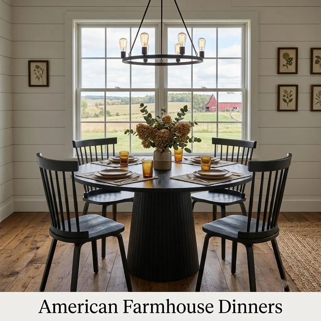 47" Round Black MDF 4-Person Dining Table Set with 4 Windsor Spindle Back Chairs, Modern Farmhouse Kitchen Set for Small Space Apartment, Durable Scratch-Resistant Easy Clean, Solid Wood Chairs