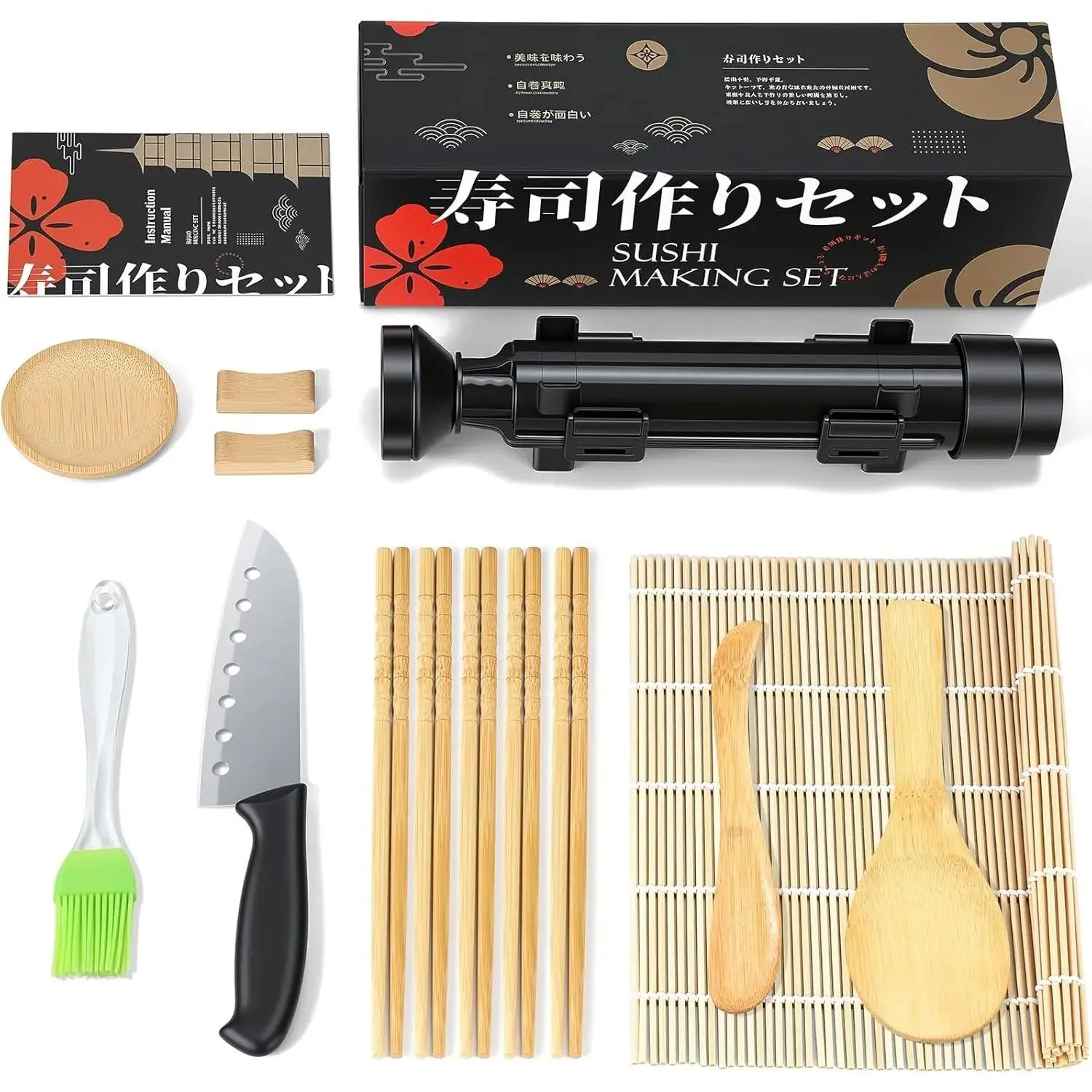 Yang Gien Sushi Making Kit, 16 in 1 Premium Sushi Maker, Suitable for Beginners/Professional Sushi Makers with Sushi Bazooka Roller, Bamboo Sushi Rolling Mat, Sushi Knife, Guide Book & More (Black)