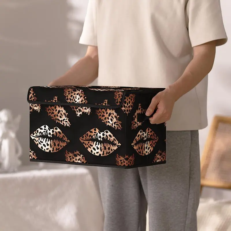 3 lip-patterned printed lid storage boxes, with handles for bedroom wardrobe organization and under-bed storage, suitable for storing clothes, blankets, bed sheets and toys, Clothes Storage Organizer, Closet Organization