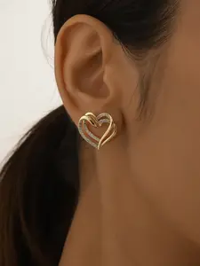 Double Layer Heart Stud Earrings, Romantic Luxurious Style, Comfortable Design, Anti-Fade Gold Plated, Zircon Stud Earrings, Perfect Gift