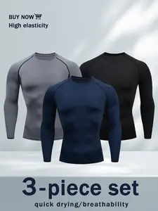 3PCS Men's Performance Compression Tops – Stretch Fit Long Sleeve for Gym, Basketball & Outdoor – Quick Dry Activewear