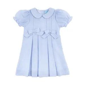 Light Blue Stripe Seersucker Molly Dress - Girls Outfit with Bows
