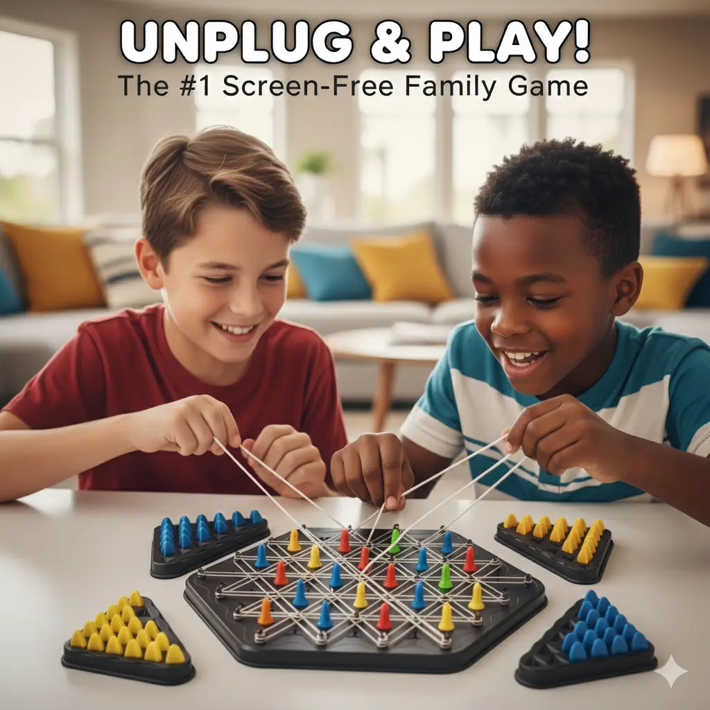 Chain Triangle Chess Battle  - Competitive Rubber Band Strategy Board  - Viral TikTok Family Night Challenge Toy (2-4 Players) Electric Shock Roulette Party Game Magnetic crokinole