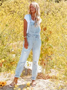 New Spring Summer Washed Light Blue Ripped Loose Fit Denim Overall Womenswear, Comfortable Harem Style, Casual Adjustable Straps, All Seasons